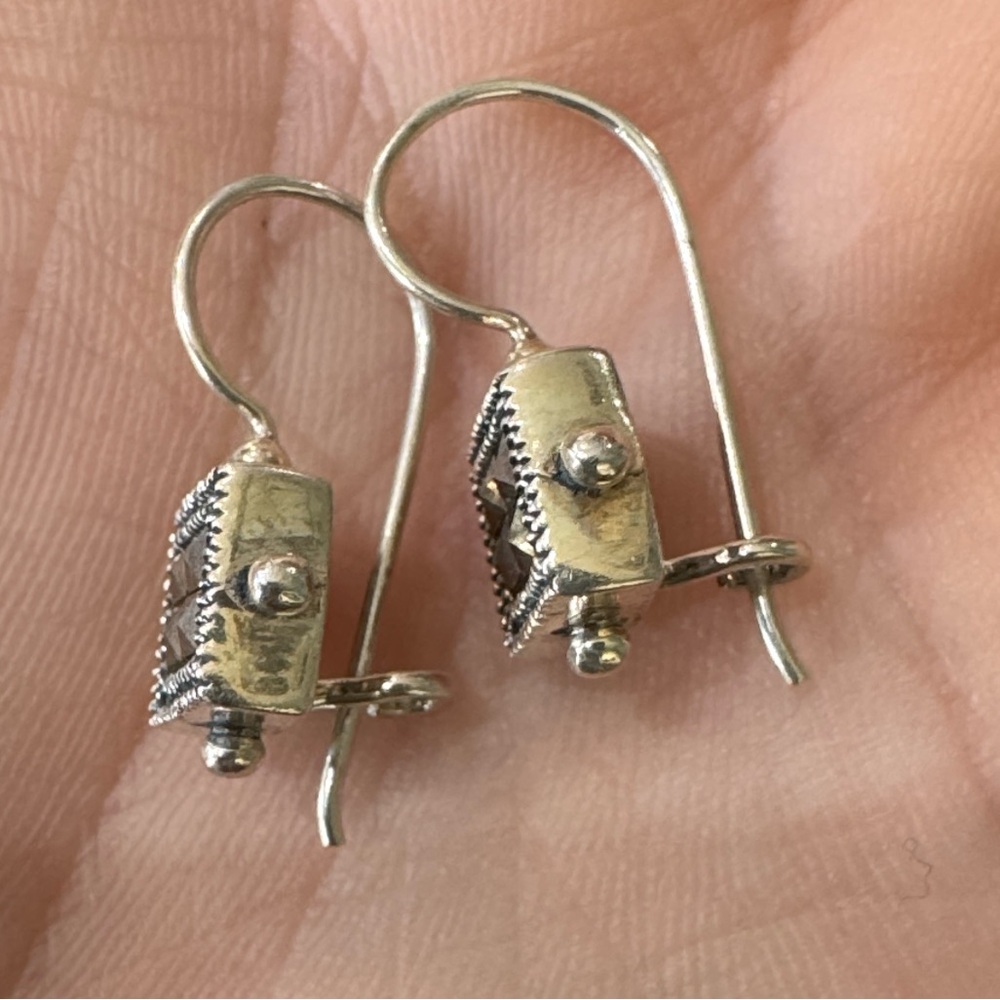 Vintage 925 Sterling Silver Marcasite Square Ladies Dangle Drop Earrings - Picture 2 of 5